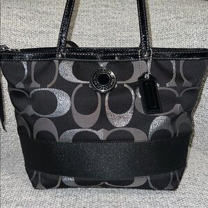 Coach Signature Metallic Stripe Tote Silver F20429